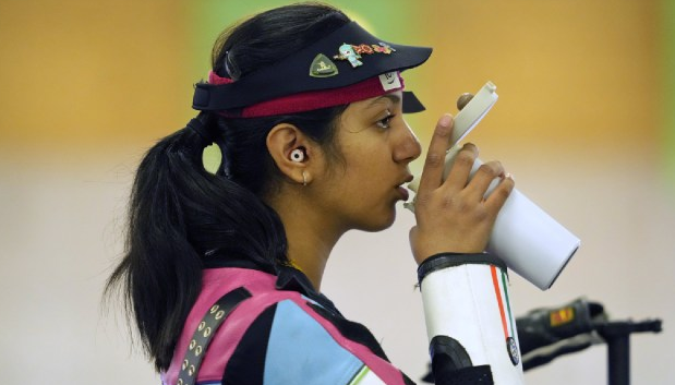 India’s Ramita Jindal has a drink before the 10m air rifle women’s qualification event at the 2024 Summer Olympics.