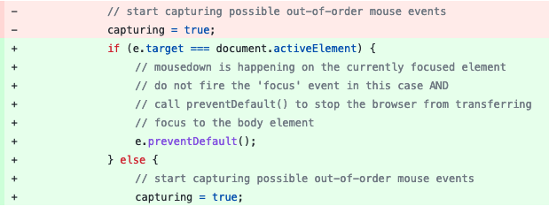 A code diff showing a new if else block in the mousedown handler that checks if the event target is the same as the document active element and calls event prevent default in that case.
