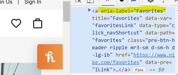 Code inspector of the heart icon on Nike’s website. The heart icon by a link tag. The link has the aria-label of “Favorites”