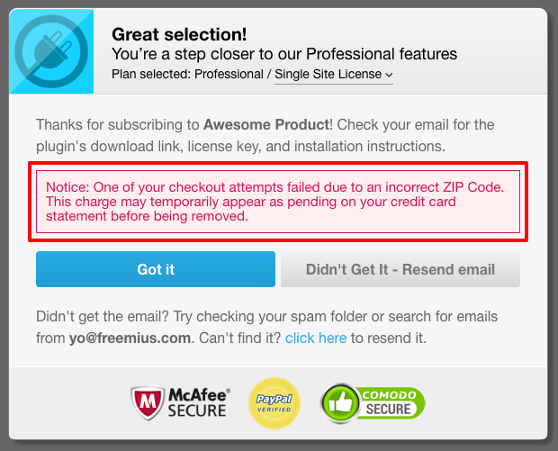 Freemius Checkout - Invalid Zip Code After Purchase Notice