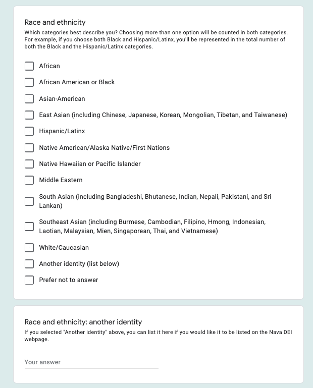 Screenshot of some of the questions included on the survey. The survey as a whole was optional to take, and each question was optional to answer.
