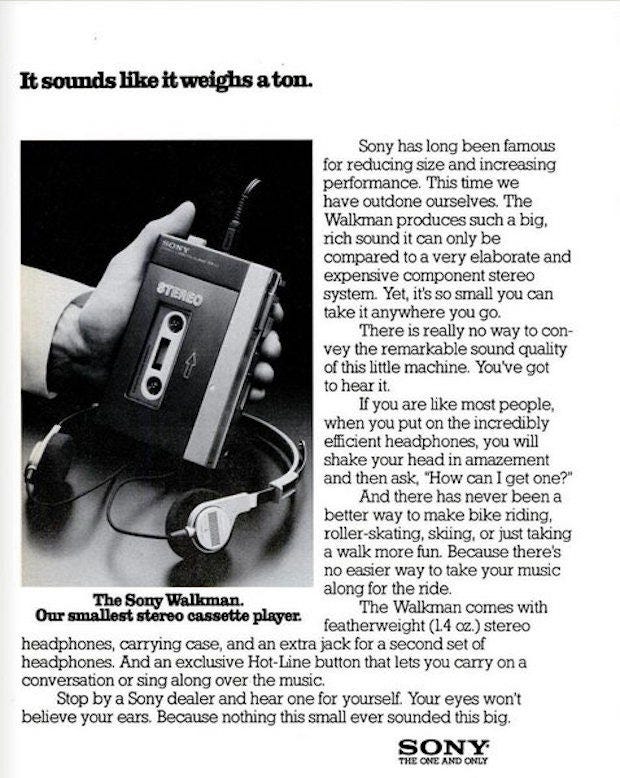 An print advertisement of Sony Walkman in B&W. A photo of the walkman and text describing the features.