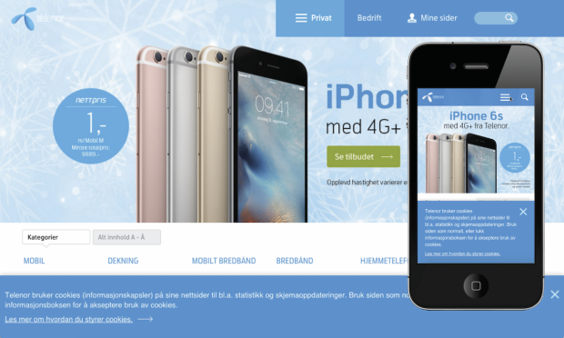 Cookies-advarsel i bunnframe på telenor.no gjer at brukaren oppfatter sida som avslutta. Mange lar dermed være å scrolle, og får ikkje med seg viktig informasjon og kjøpsknappar nedover på sida.