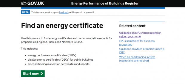 A screenshot of the new Find an energy certificate service