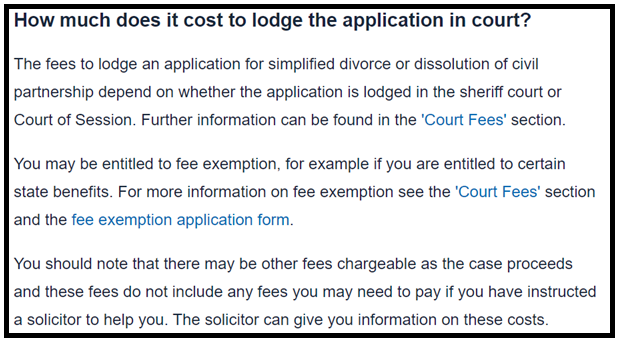 Screenshot of Scottish Court website section on how much it costs to lodge a divorce application. It says it depends on the court.