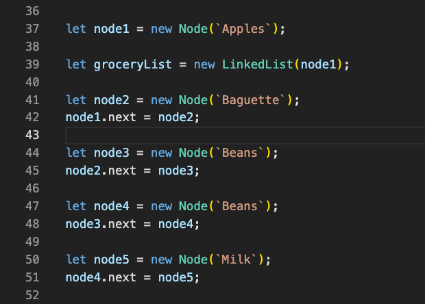 Define a grocery list as a linked list and add nodes to it.