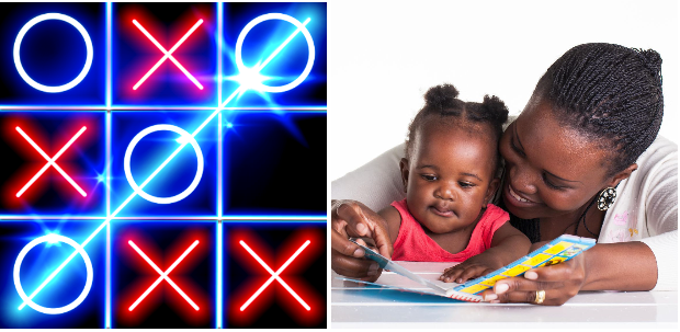 Two images side-by-side. On the left is a tick-tac-toe board. On the right a woman leans over her baby as they both sit over an open book.