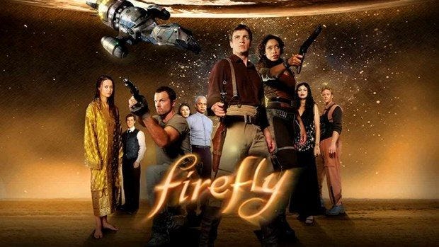 A promo image of the Firefly cast. Three figures in the foreground have guns pointing past the camera, while 6 others in the background look directly at the viewer. At the top of the image, a grey spaceship flies away from a planet.