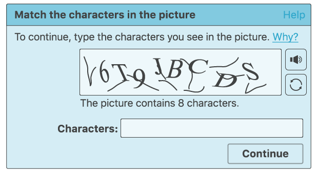 Screenshot of a CAPTCHA prompting users to match eight distorted characters, with audio and refresh options beside the image and a text field below.