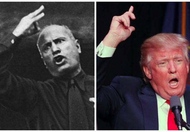 Benito Mussolini and Donald Trump in similar poses