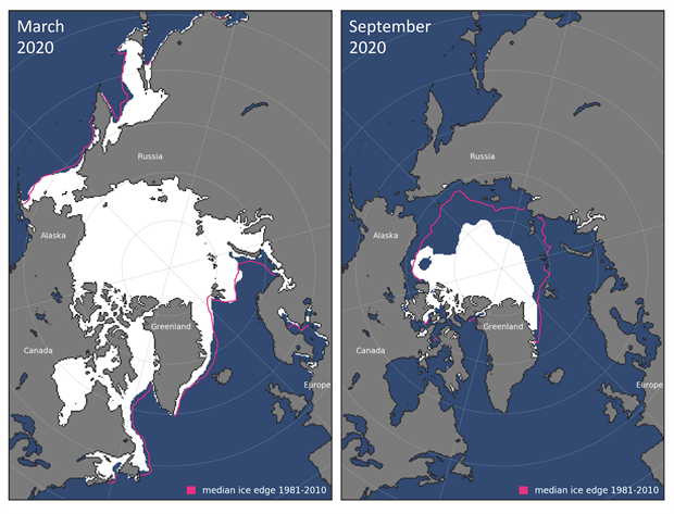 Harta înghețării Oceanului Arctic in septembrie și martie.