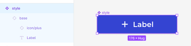 Is this image is displayed Figma’s left side menu, showing how the components layers should look like. It’s stated that the master component STYLE should have in it’s layers an instance of the component BASE, and the icon and label elements would be inside of it.