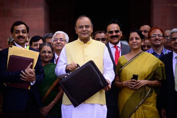 Mr. Jaitley with the all important briefcase, and the rest of the cabinet. (Picture courtesy - LiveMint)