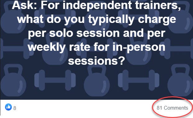 Screenshot of a Facebook post asking what other personal trainers charge for sessions.