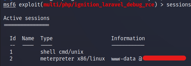 Now we can use the “sessions” command to confirm the creation of the upgraded shell. In our case it was created as session 2.