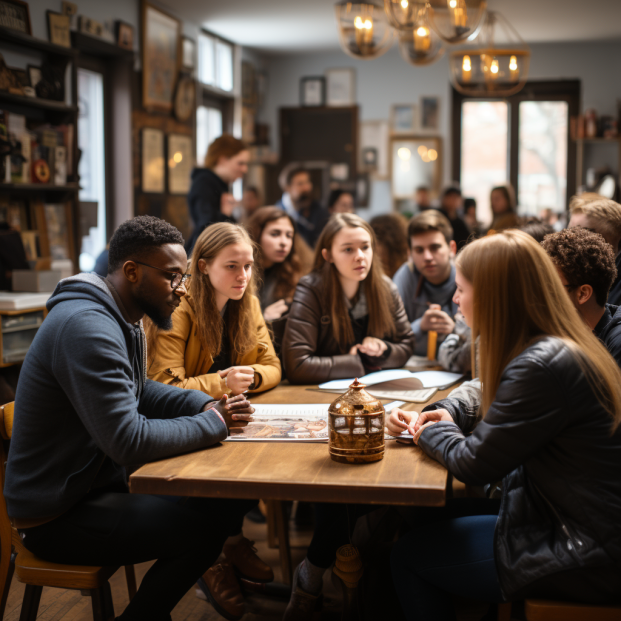 Group of students sitting at a table to discuss and debate a topic