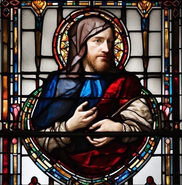 A stained glass portrait depicting light and darkness