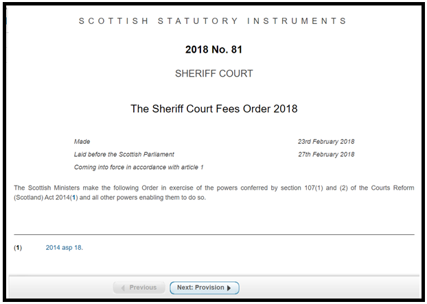 Screenshot of The Sheriff Court Fees Order 2018 №81, a piece of legislation.