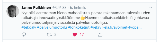 Janne Pulkkisen Twiittaama Kelan rekrytointi-ilmoitus kahdesta palvelumuotoilijasta ja yhdestä ratkaisuarkkitehdistä.