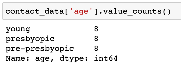 Python code with output showing that the three age values all have a count of 8