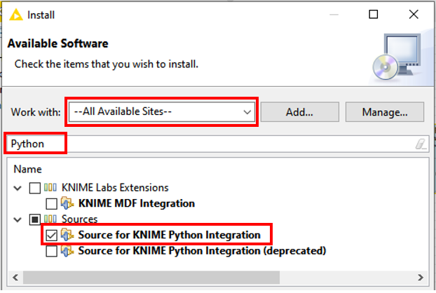 Choose “All Available Sites” / Type in “Python” / Check “Source for KNIME Python Integration”