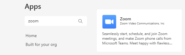 Zoom app in Microsoft Teams store
