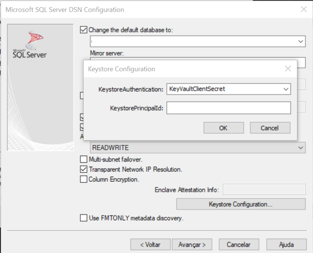 You must fill the KeystoreAuthentication with KeyVaultClientSecret and KeytstorePrincipalID with Resource ID