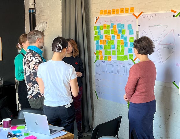 Five colleagues brainstorming around a whiteboard