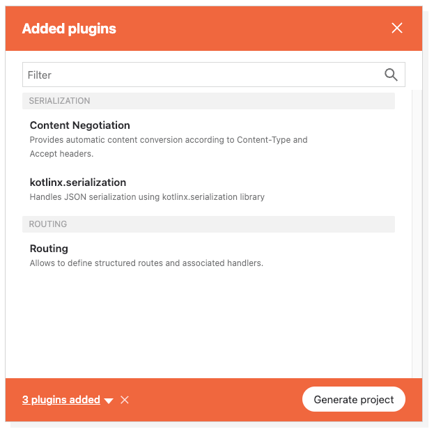 The plugin screen in the Ktor Project Generator