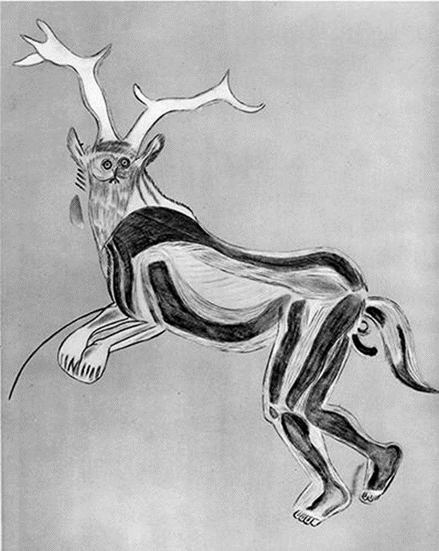 b/w drawing of a roughly human figure, seen from the side. It has a slightly horse-like body and tail, and what look like antlers on its head, and a slightly owl-like face. It is looking out of the image, with its arms/forelegs held in front of its body. Under its tail, there is a clearly drawn phallus