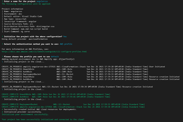 Providing the settings after executing the amplify init command