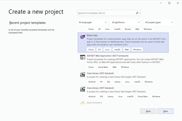 Select Blazor App from the list and click Next.