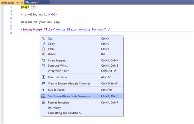 Select the Syncfusion Blazor Code Generator from the menu