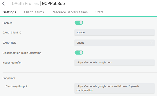 Screenshot of the OAuth Profile set to the settings detailed below.