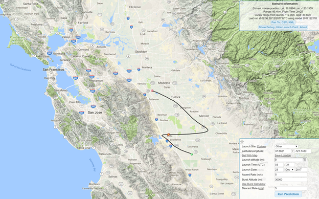 CUSF High Altitude Balloon Flight Predictor: Example trajectory