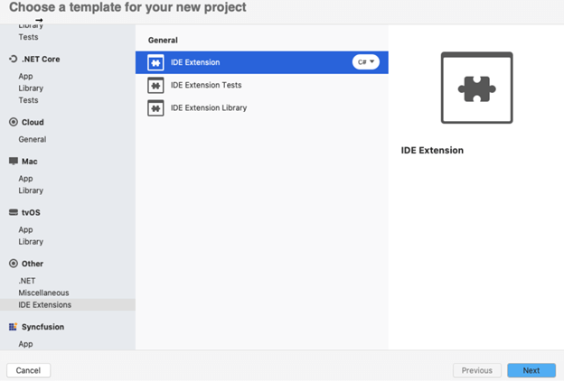 hoose Other > IDE Extensions > General > IDE Extension > C# and click Next.