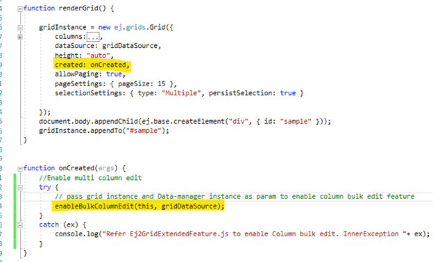 Invoke the enableBulkColumnEdit() method from the created event of the grid to enable the column bulk-edit feature