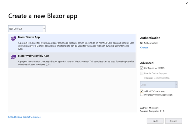 Select Blazor WebAssembly App and check the Configure for HTTPS and ASP.NET Core hosted check boxes