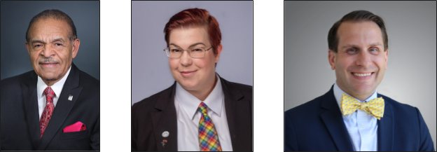 3 official photographs. 1: A Black man with a mustache, 2: A white woman with glasses, 3: A white man smiling.