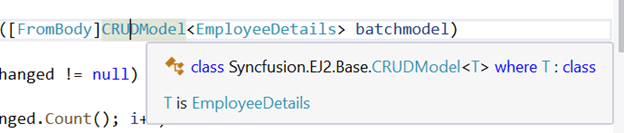 The modal object class CRUDModal is referenced from the library using Syncfusion. EJ2.Base