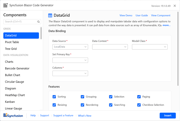 Syncfusion Blazor Code Generator wizard