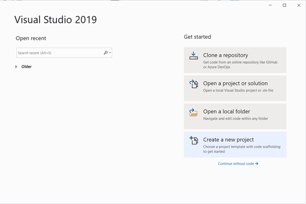 Open Visual Studio 2019 and choose Create a new project.