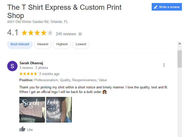 Short but descriptive review of a t-shirt print shop in Orlando, Fl.