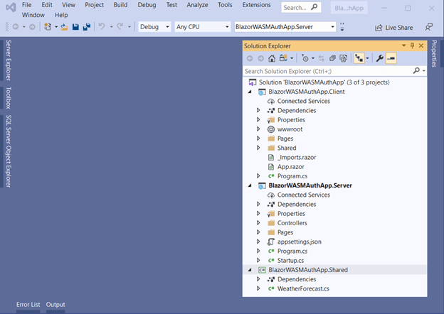 Blazor WASM app created with three projects (client, server, and shared)
