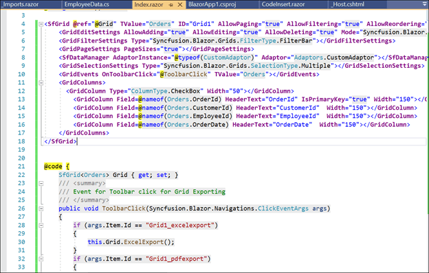 Razor file showing the rendered code for the Syncfusion DataGrid control