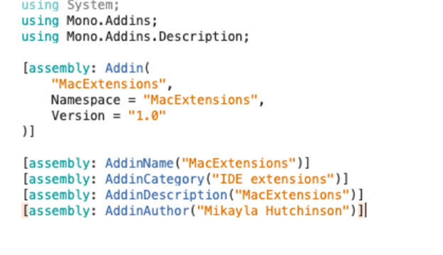 Change the MacExtensions name and version details after creating the entire project in the AddinInfo.cs file