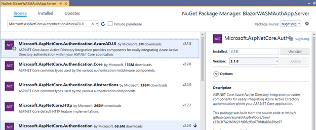 nstall the NuGet package Microsoft.AspNetCore.Authentication.AzureAD.UI