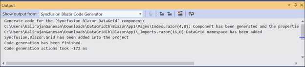 Output window showing the changes made by the Syncfusion Blazor Code Generator