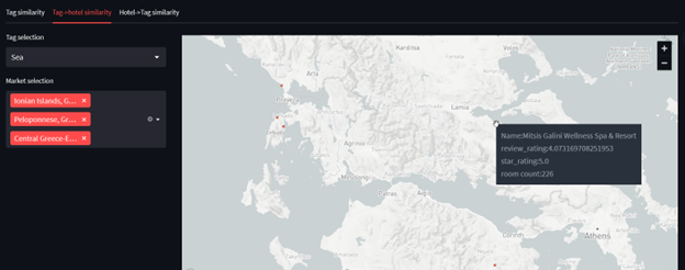An example of selected markets in Greece and the concept of Sea along with the retrieved hotels (red dots).