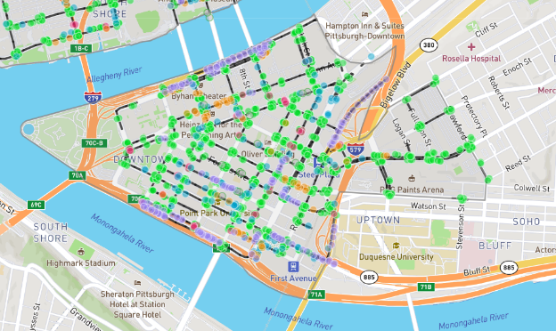Map of Downtown Pittsburgh showing Project Sidewalk data represented as points.